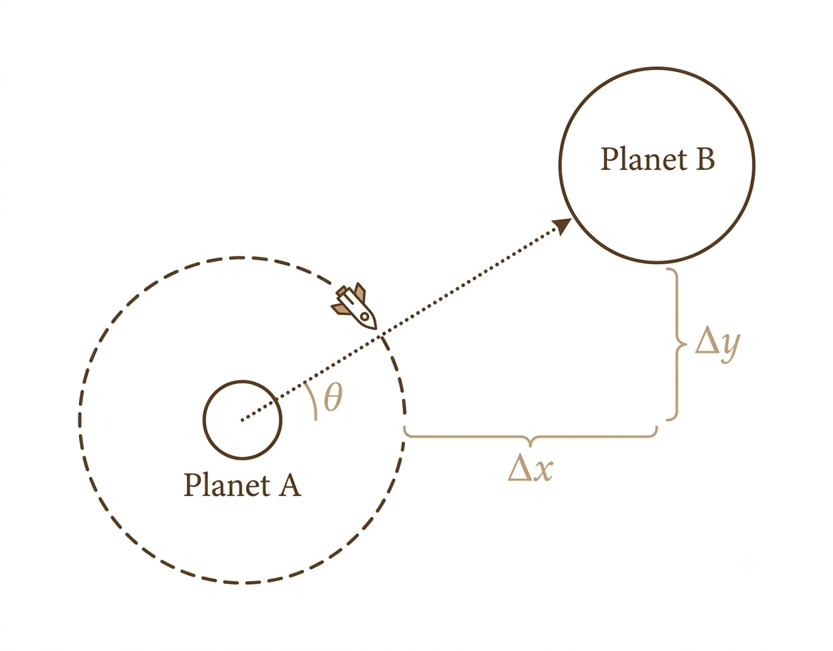 Diagram explaining theta orbit angle, delta X and delta Y between two planets in Theta Flux