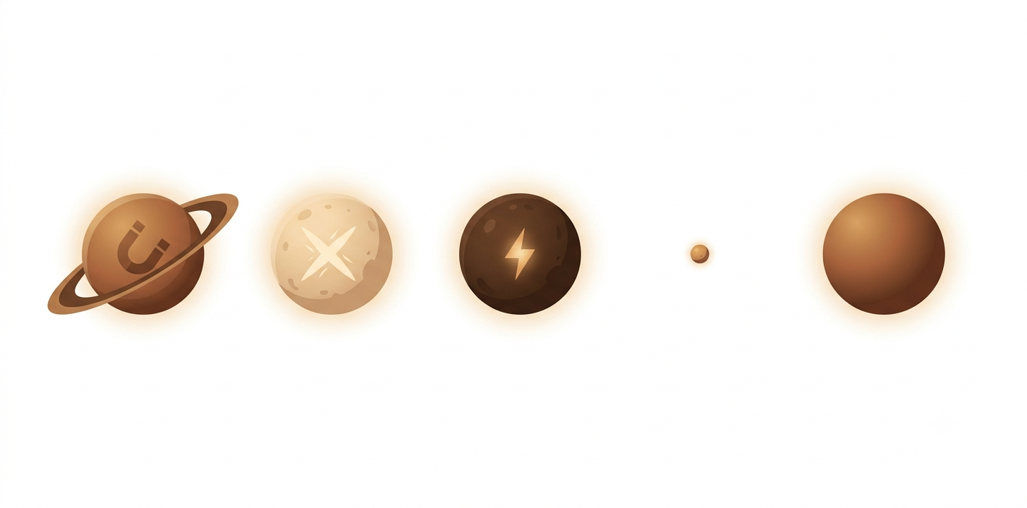 The five planet types in Theta Flux: normal, magnet, repulsor, boost and tiny