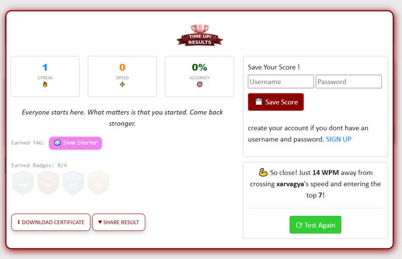 Bangla typing test result screen showing WPM, accuracy and errors