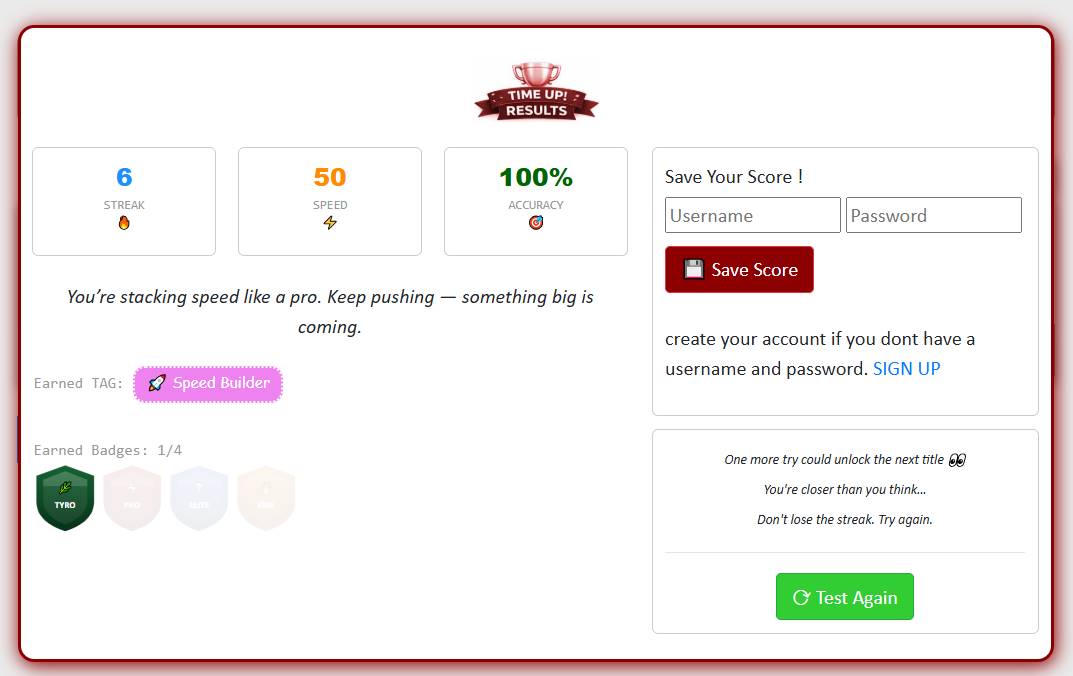 Hindi typing test result showing speed WPM accuracy and typing performance statistics